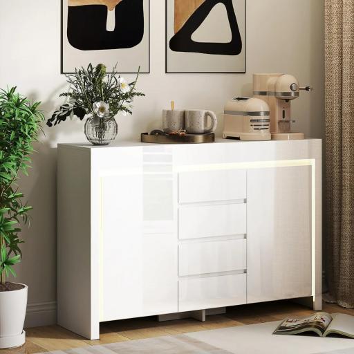 Aparador de Salón con Luces LED 4 Cajones Cierre Suave Estantes Ajustables y Mando a Distancia 120x34x80cm Blanco Brillo [3]
