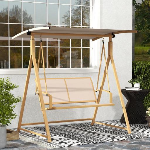 Columpio de Jardín de 2 Plazas con Toldo Ajustable y Estructura Triangular de Metal Carga 220 kg 160x112x162 cm Caqui