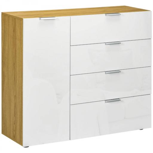 Aparador de Salón Cajonera y Cómoda con 4 Cajones Puerta y Estantes Ajustables 105x35x92 cm Blanco y Natural [3]