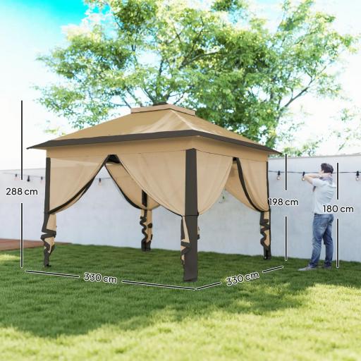 Carpa Plegable 3,3x3,3 m con Altura Ajustable Doble Techo 4 Mosquiteras Extraíbles y Bolsa de Transporte Anti-UV Beige