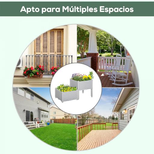 Juego de 2 Jardineras de Exterior Cuadradas Imitación a Mimbre Combinación Libre para Jardín Patio 40x40x26/44 cm Gris [6]