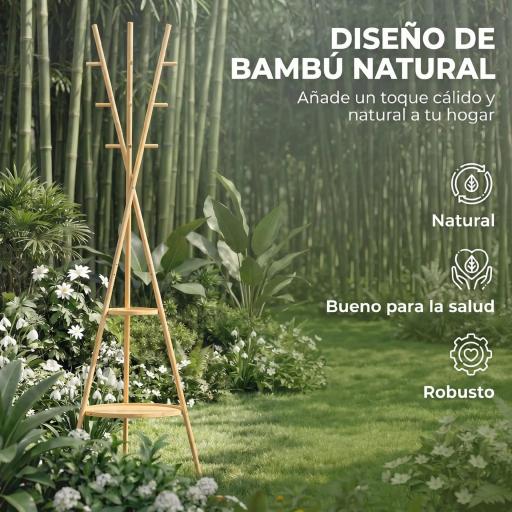Perchero de Pie de Bambú Perchero para Ropa con 2 Estantes y 9 Ganchos Diseño Elegante 58,5x58,5x176 cm Natural [3]
