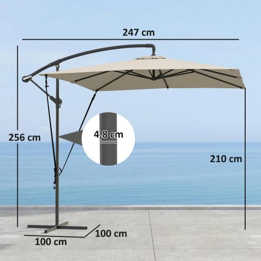 Parasol Excéntrico 247x247 cm con Base Cruzada Manivela Funda Protectora y Toldo Giratorio 360° 247x247x256 cm Caqui [1]