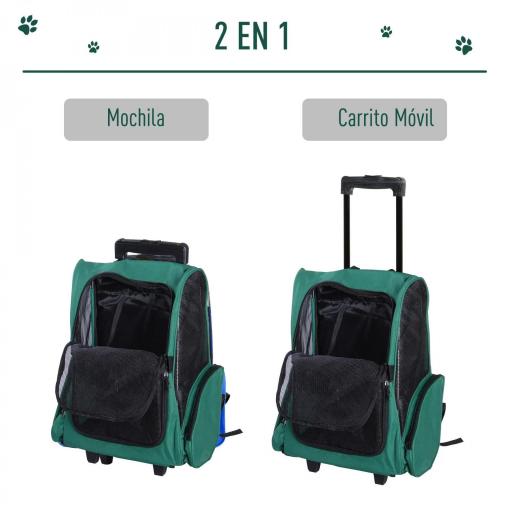 Transportín 2 en 1 para Mascotas Mochila o Carrito de Viaje para Perro y Gato con 2 Ruedas con Asa retráctil de Aluminio y Bolsillos 42x25x55 cm Verde [5]