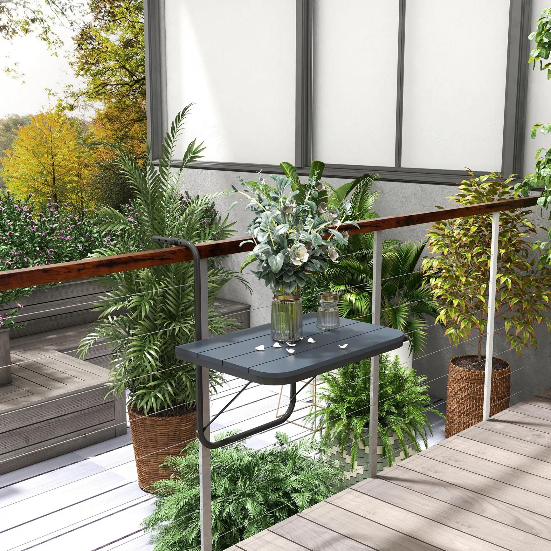 Mesa Colgante para Balcón Plegable de Aluminio con Altura Ajustable en 4 Niveles Carga 25 kg 60x40x55-64 cm Negro