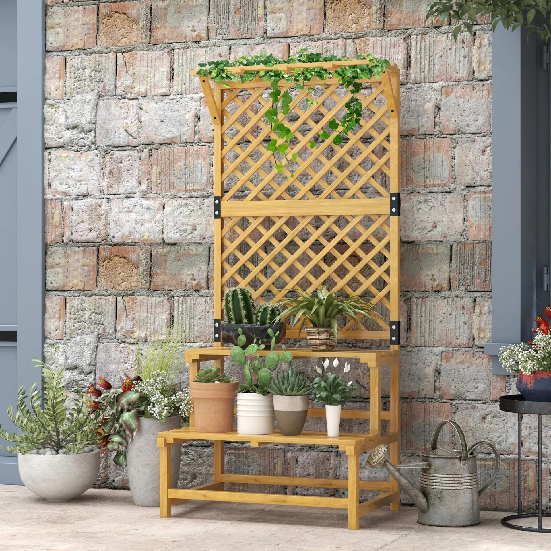 Soporte para Plantas de 2 Niveles con Celosía Enrejado con 2 Estantes de Madera para Jardín Terraza 75x50x166 cm Natural