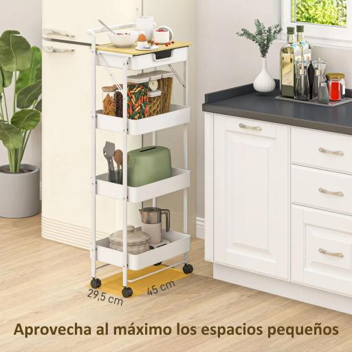 Carrito Auxiliar con Ruedas de 4 Niveles con Cajón Encimera y Cestas de Rejilla para Dormitorio Baño Cocina Blanco [7]
