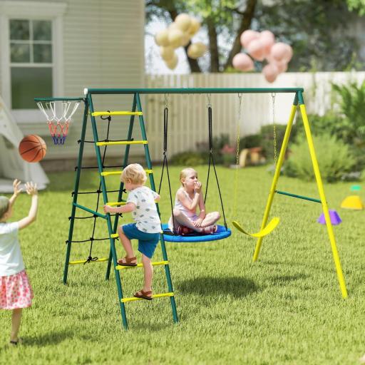 Columpio Infantil 4 en 1 con Columpio Nido e Individual Red para Escalar Canasta de Baloncesto Escalera Amarillo [7]