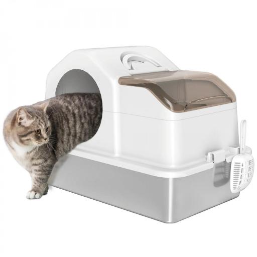 Arenero para Gatos Cubierto con Bandeja de Acero Inoxidable Tapa Extraíble Bordes Altos Fácil de Limpiar Blanco [8]