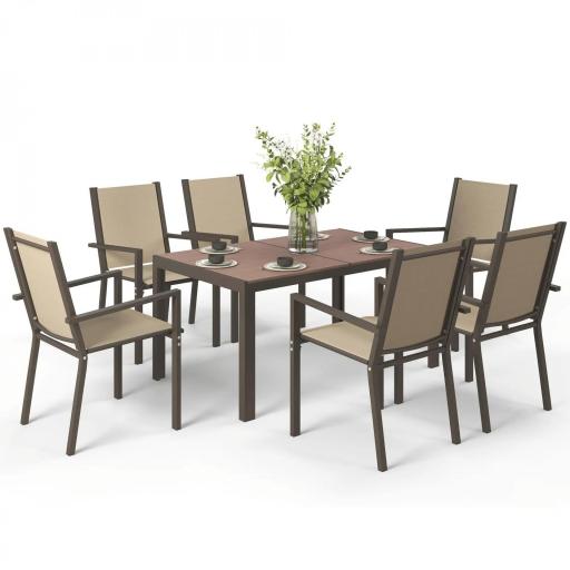 Conjunto de Mesa y 6 Sillas de Jardín con Sillas Apilables y Marco de Acero para Terraza Patio Caqui y Marrón [8]