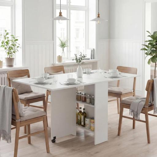 Mesa Plegable de Comedor con Ruedas Alas Abatibles y Estantes para 4-6 Personas 75x140x74 cm Blanco