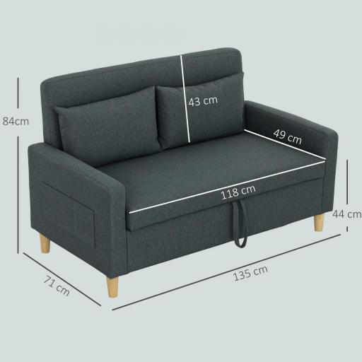 Sofá de 2 Plazas Tapizado en Lino Sintético con Espacio de Almacenaje 2 Almohadas y Patas de Madera 135x71x84 cm Gris [1]