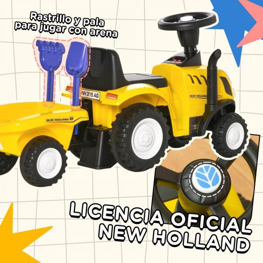Tractor para Niños de 12-36 Meses con Remolque Extraíble Coche Correpasillos con Bocina Faros Pala Asiento de Suelo 25 cm y Rastrillo Carga 25 kg 91x29x44 cm Amarillo [3]