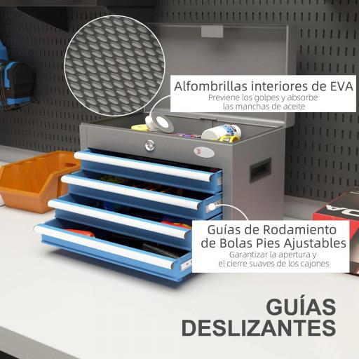 Caja de Herramientas Metálica con Cerradura 4 Cajones y Bandeja Superior Asa Lateral 20Kg Capacidad 45x24,5x32,5 cm Gris [8]
