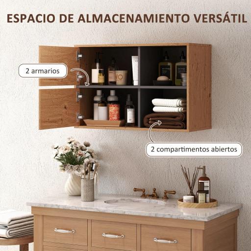 Armario de Baño de Pared con Compartimentos Abiertos y 2 Puertas Mueble de Baño Moderno 80x35x57,5 cm Natural [3]