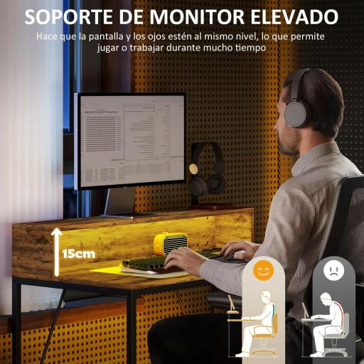 Mesa de Escritorio con Luces LED Tomas de Corriente Soporte para Monitor y Control Remoto 100x50x90,5 cm Marrón Rústico [7]