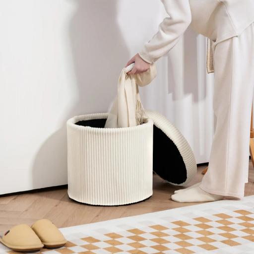  Puff con Almacenaje Redondo Tapizado en Pana con Estructura de Acero Estable y Acolchado Suave Ø40x41 cm Beige [7]