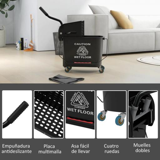Cubo de Fregar 20L con Ruedas y Escurridor Cubo para Fregona con Separador de Agua 60x27x70,5 cm Negro [2]