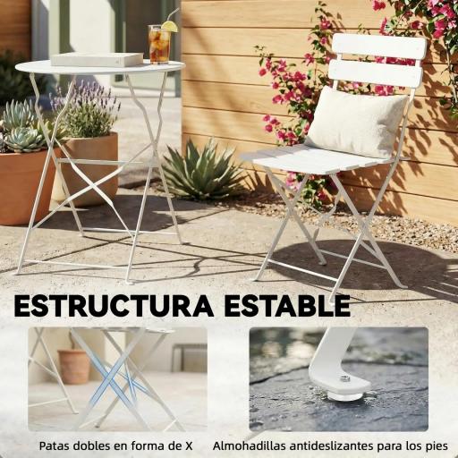 Conjunto de Jardín Plegable con 2 Sillas Plegables Mesa Redonda Estructura Metálica Electrofórica para Balcón Crema [2]