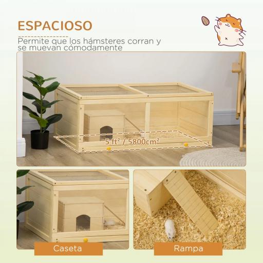 Jaula para Hámster de Madera con Techo Abatible Panel de Acrílico Bandeja Extraíble y Cabaña 100x58x38 cm Natural [2]