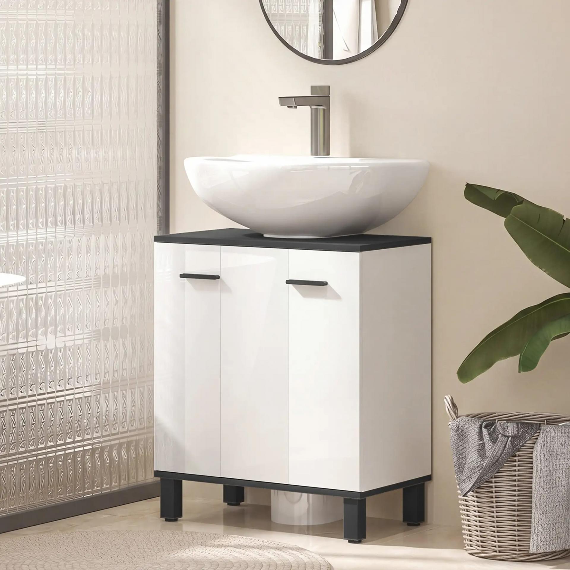 Mueble Bajo Lavabo con 2 Puertas y Estante Ajustable para Lavabo con o sin Pedestal 60x34x70 cm Blanco Brillo