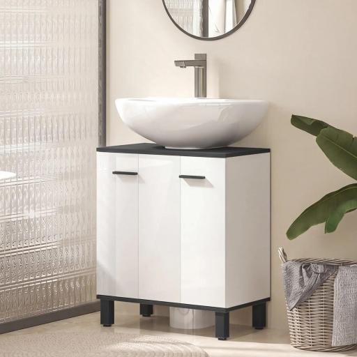 Mueble Bajo Lavabo con 2 Puertas y Estante Ajustable para Lavabo con o sin Pedestal 60x34x70 cm Blanco Brillo [0]