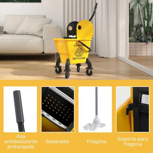 Cubo de Fregona con Ruedas y Escurridor Desmontable de Prensa Capacidad 26L Incluye Fregona y Asa Amarillo [5]