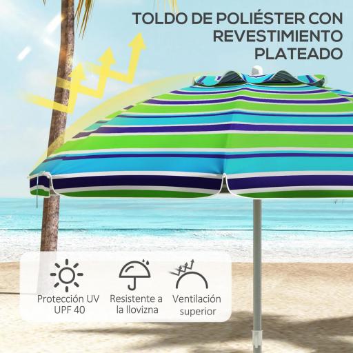 Sombrilla de Playa Ø178x205 cm con Reclinación 45° Altura Ajustable Anti-UV Impermeable y Bolsa de Transporte Multicolor [2]