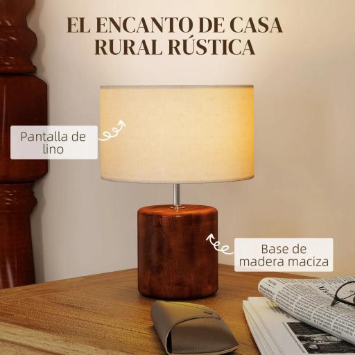 Lámpara de Mesa Rústica Lámpara de Mesita de Noche con Base de Madera Pantalla de Lino Interruptor Basculante Marrón [2]