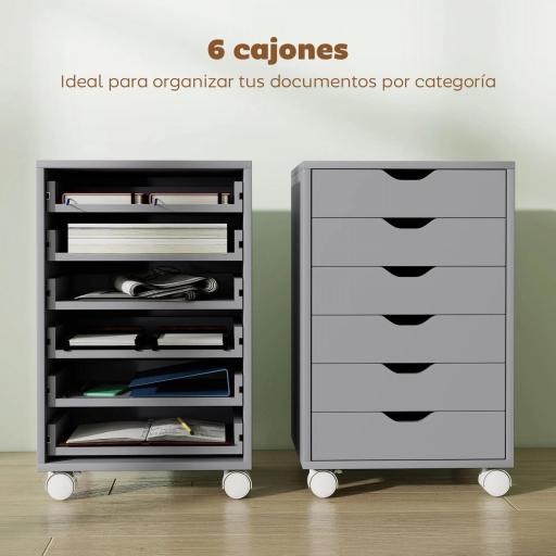 Cajonera Escritorio Archivador Móvil con 6 Cajones Ruedas Guías Deslizantes Silenciosas para Oficina Casa Gris [4]