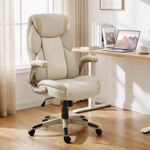 Silla de Oficina con Masaje Vibratorio de 4 Puntos Calor Lumbar Brazos Abatibles Respaldo Alto Altura Ajustable Crema [0]