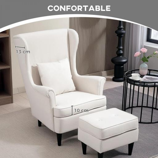 Sillón con Reposapiés Respaldo Alto Capitoné Patas de Madera Almohada Acolchada y Tapizado en Lino Beige [3]