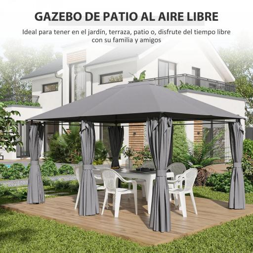 Cenador de Jardín 4x3 m con 6 Paredes Laterales 8 Orificios de Drenaje y Marco de Acero para Fiestas Patio Gris [4]