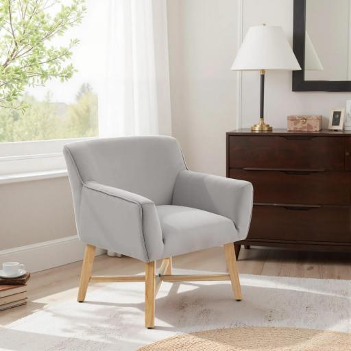 Butaca de Salón Tapizada en Terciopelo con Reposabrazos Acolchados y Patas de Madera Cruzadas 67x65x74 cm Gris Claro [5]