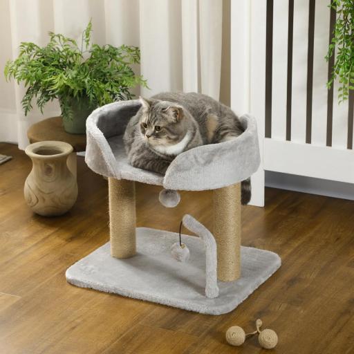Árbol Rascador para Gatos Pequeños Altura 42 cm con Nido Bolas Colgantes y Postes de Sisal 48x38x42 cm Gris Claro [7]