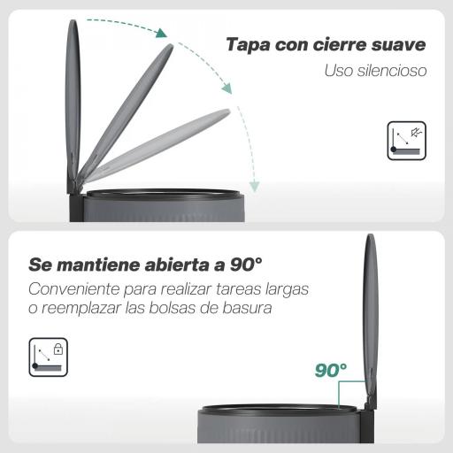 Cubo de Basura Cocina 30L con Pedal Tapa de Cierre Suave y Cubo Extraíble para Dormitorio Oficina Estudio Salón Gris [4]