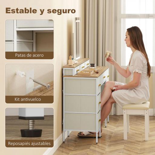 Tocador de Maquillaje con Luces LED de 3 Colores Espejo Tocador con 10 Cajones de Tela Patas de Acero Natural [6]