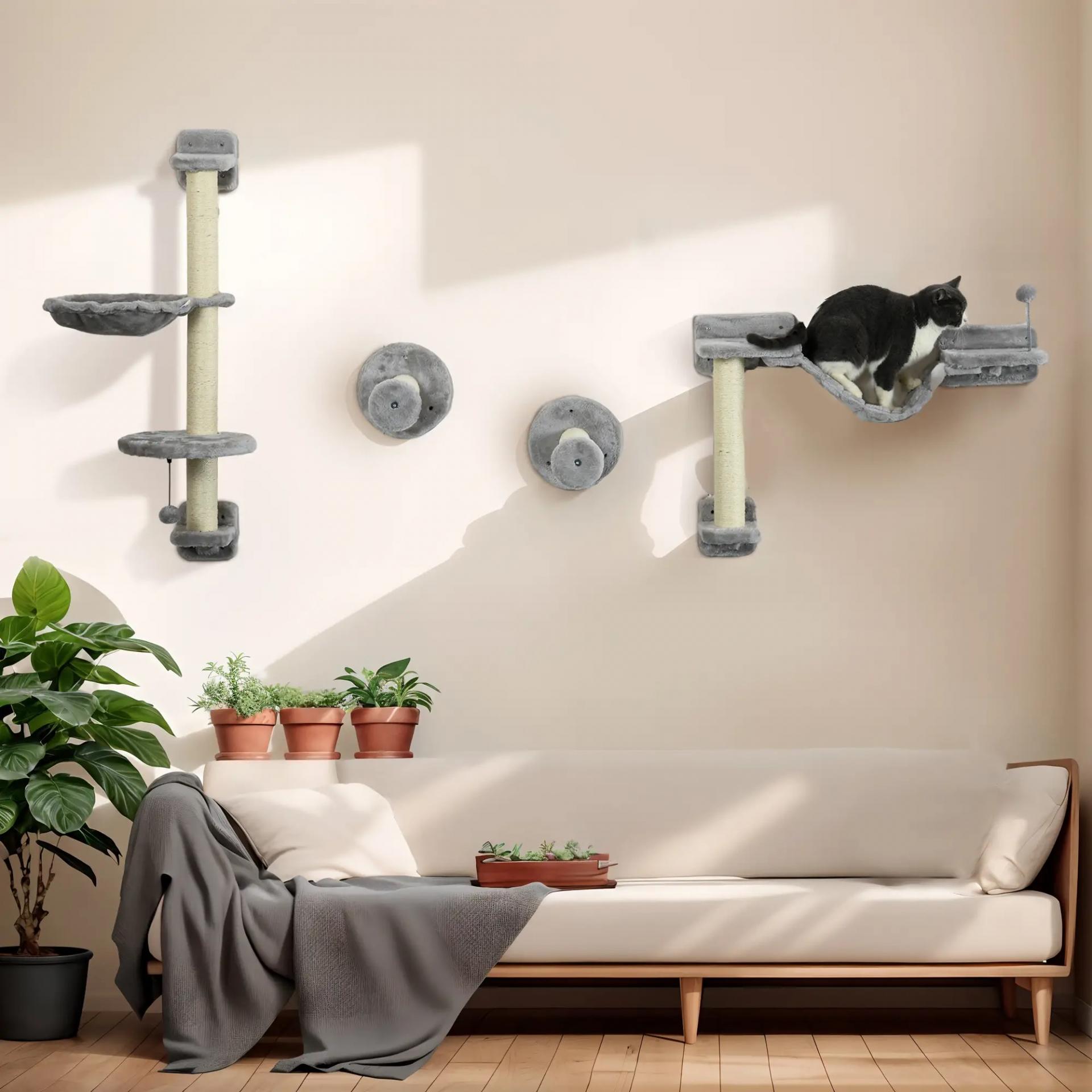 Juego de Escalada para Gatos de Pared 4 Piezas con Hamaca Bola Plataformas 84,5x19x54 cm Gris y Beige