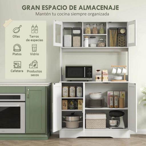 Alacena de Cocina con 2 Puertas de Vidrio Encimera Amplia para Microondas Estantes Ajustables Blanco [2]
