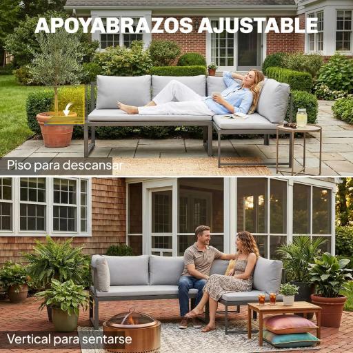 Conjunto de Jardín Exterior con Cojines 2 Sofás de 2 Plazas Reposabrazos Ajustables y Mesa de Centro de Listones Gris [3]