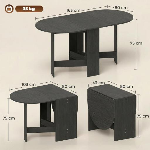 Mesa de Cocina Plegable con Alas Abatibles Mesa de Cocina Plegable de Forma Ovalada Estilo Moderno 163x80x75 cm Negro [1]
