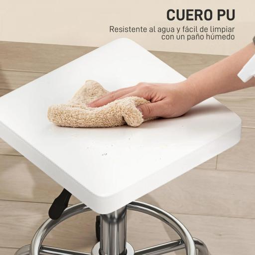 Taburete Giratorio Ajustable Con Asiento Acolchado Reposapiés y Ruedas para Salones y Talleres 34x34x50-66 cm Blanco [4]