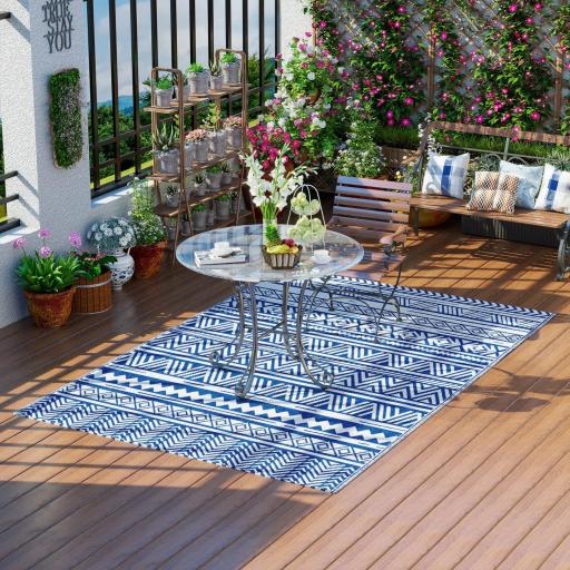 Alfombra Reversible 182x274 cm Estilo Moderno para Terraza Balcón Patio Camping Playa Azul Oscuro y Blanco [8]