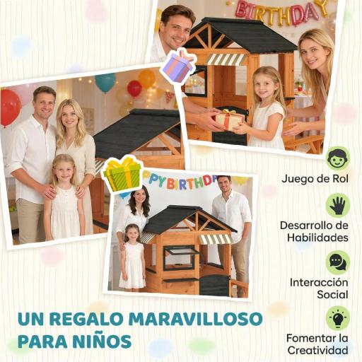 Casita Infantil Exterior e Interior de Madera con Cocina de Juguete y Banco de Picnic Ventanas de Servicio Marrón [3]