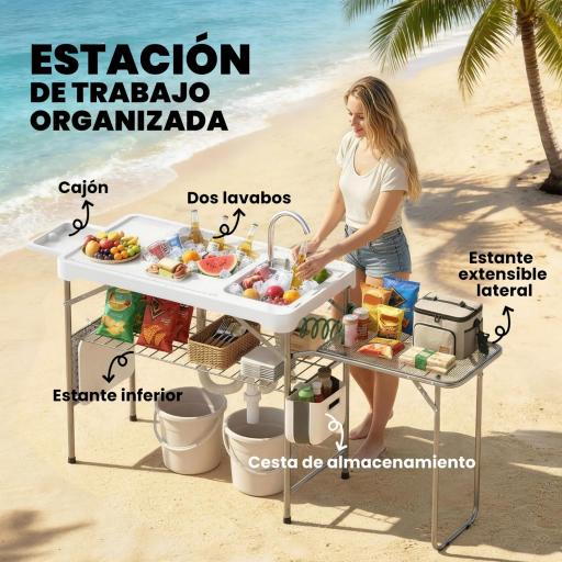 Mesa de Limpieza de Pescado Plegable Portátil con 2 Fregaderos Grifo Manguera Estante Lateral Cesta y Ranuras Blanco [2]