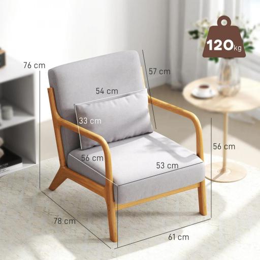 Butaca Nórdica Sillón de Salón Acolchado con Reposabrazos Cojín y Marco de Madera de Caucho 61x78x76 cm Gris [1]