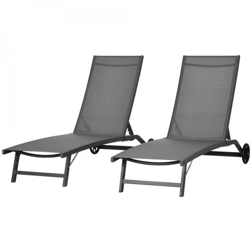 Juego de 2 Tumbonas Reclinables de Jardín de Aluminio con Respaldo Ajustable y Ruedas 165x66x102 cm Gris Oscuro [8]