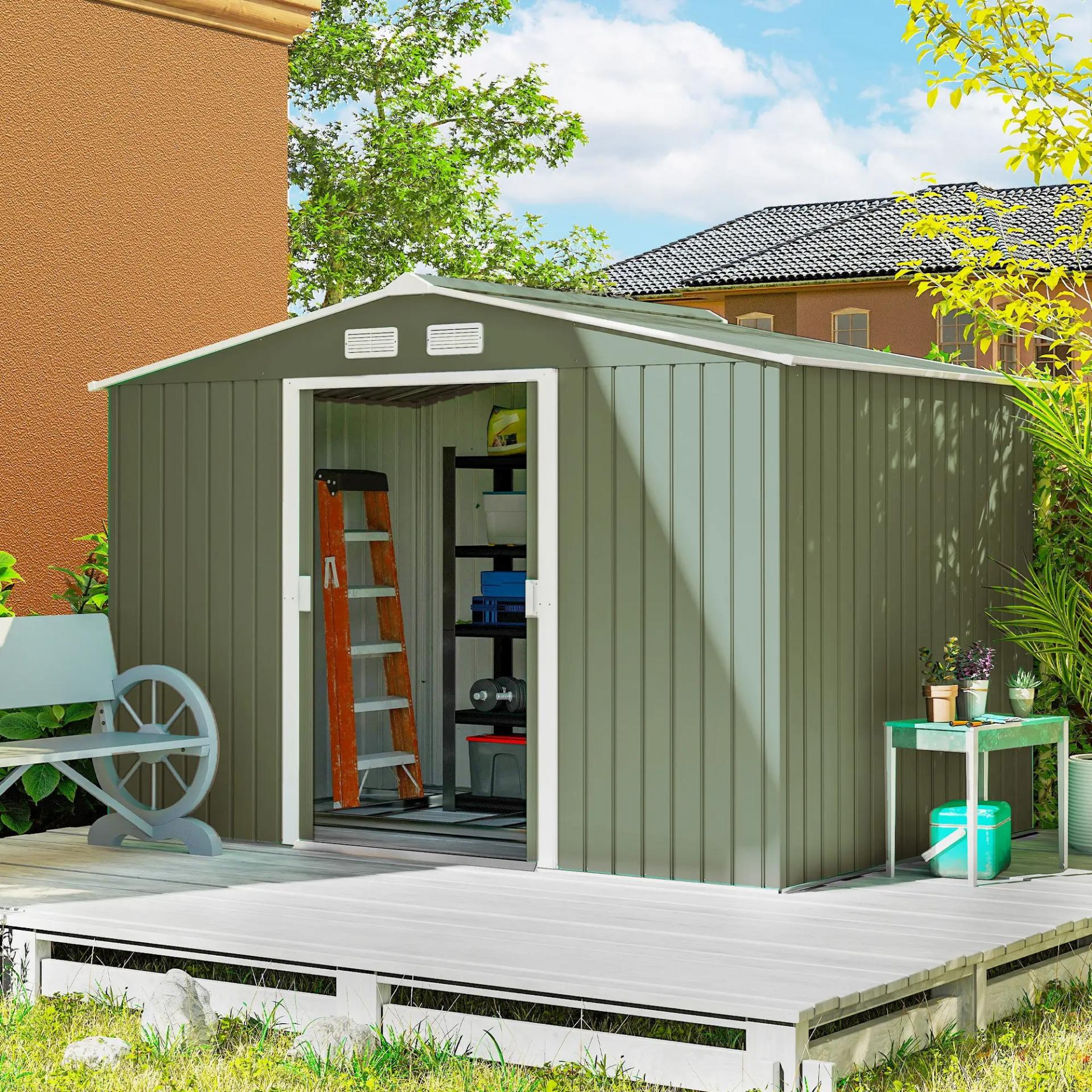 Cobertizo de Jardín 4,9 m² 277x195x192 cm con 2 Puertas Corredizas Base Refuerzo (Suelo NO Incluido) Verde Claro