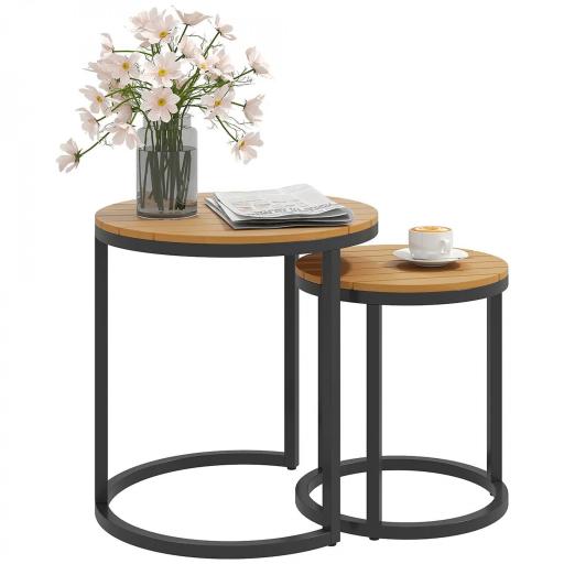 Juego de 2 Mesas de Jardín con Encimera de Madera de Acaica Diseño Listones con Marco de Acero y Pies Ajustables Teca [8]