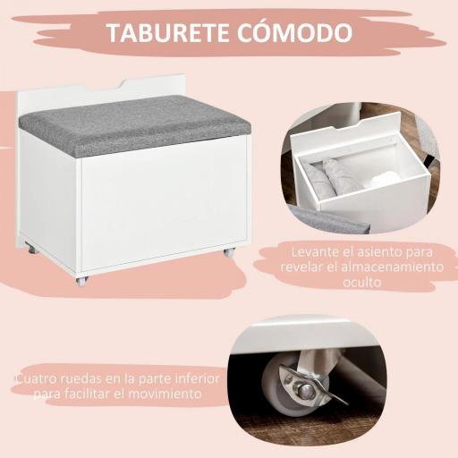 Tocador de Maquillaje con Taburete Oculto Espejo Abatible Cajón y 7 Compartimentos Taburete con Almacenamiento Blanco [4]